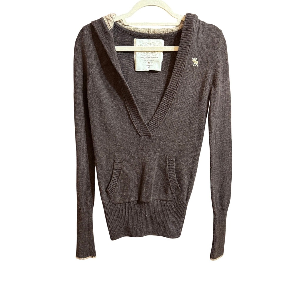 Rare Vintage Abercrombie & Fitch Brown V-Neck Hoodie Sweater Angora Blend XL